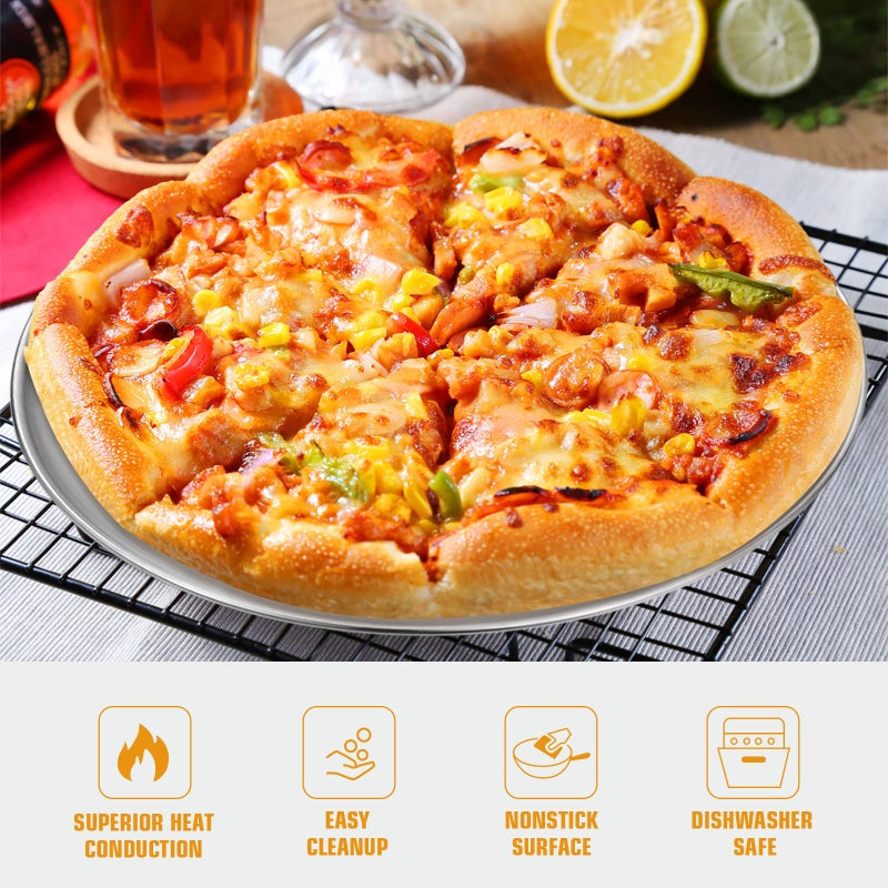 Deedro صينية خبز البيتزا ديدرو - صينية بيتزا دائرية من الفولاذ المقاوم للصدأ، صينية خبز بيتزا قوية لتحضير البيتزا في الفرن، صينية تقديم بيتزا آمنة في غسالة الصحون، 12 بوصة و 13 بوصة، مجموعة من قطعتين - Image 4